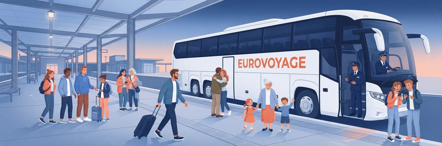 Білий автобус EUROVOYAGE на автовокзалі, пасажири з валізами